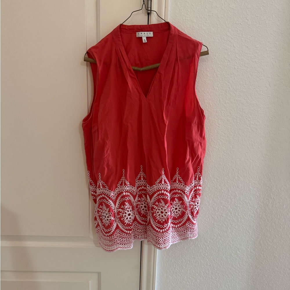 CHAUS New York - Red Sleeveless Top with White Embroidery